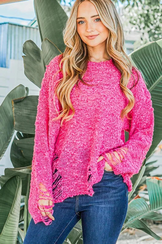 Distressed And Textured Pullover Sweater