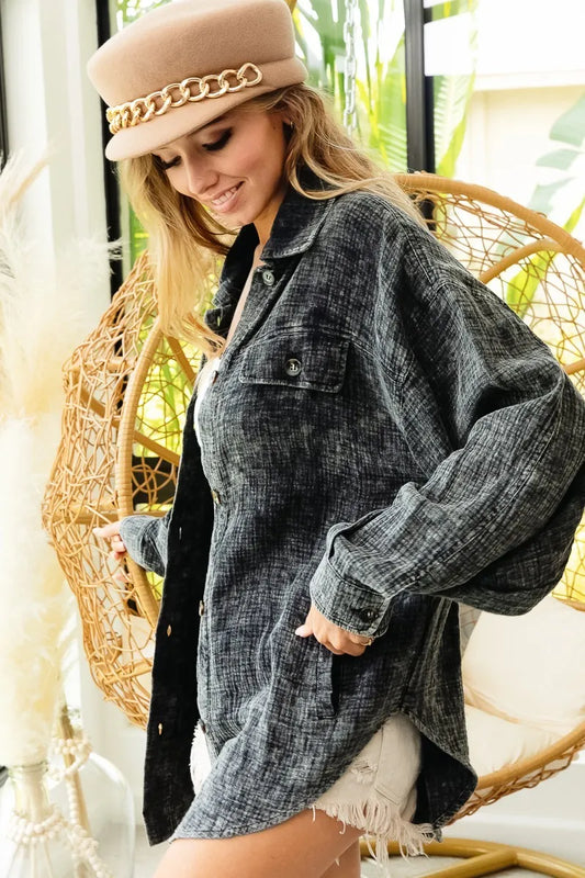Distressed Denim Shirt Jacket with Raw Hem
