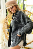 Distressed Denim Shirt Jacket with Raw Hem