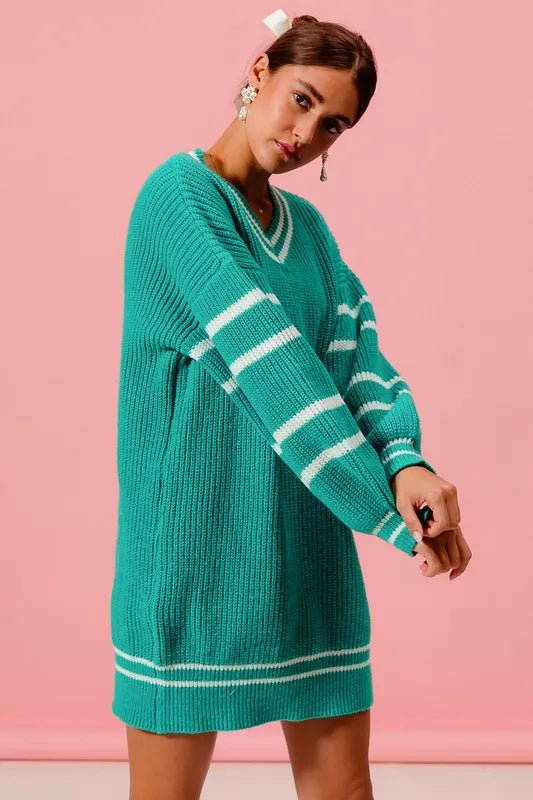 Loose V Neck Sweater Dress with Striped Sleeves