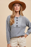 Half Button Ribbed Hem Sweater