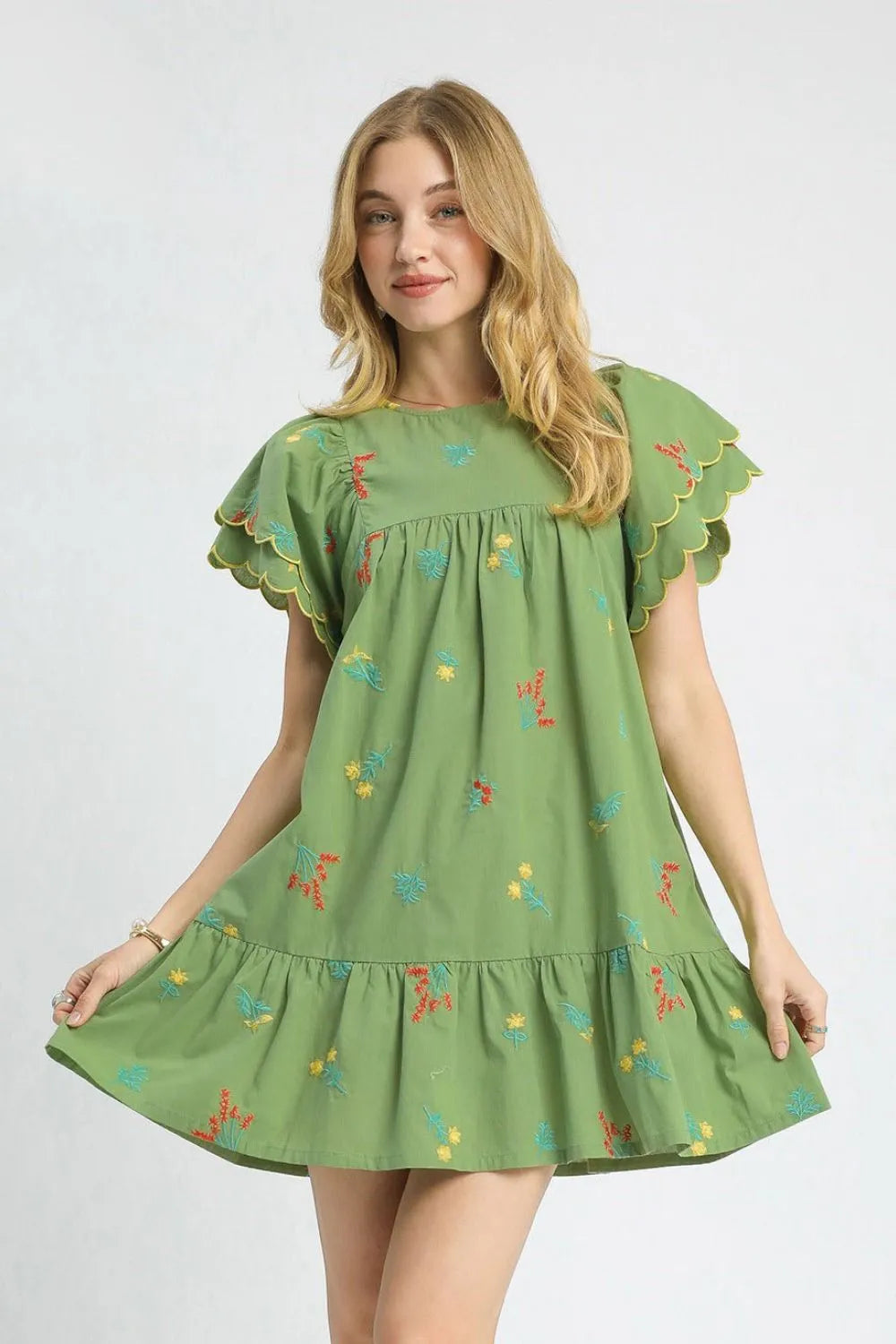 Tropical Embroidered Flutter Sleeve Mini Dress