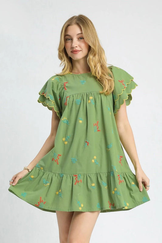 Tropical Embroidered Flutter Sleeve Mini Dress