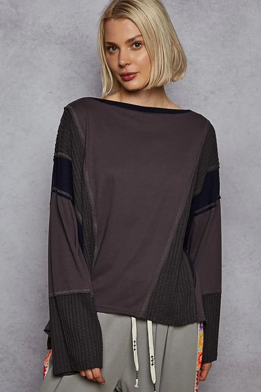 Patchwork Boat Neck Long Sleeve Top
