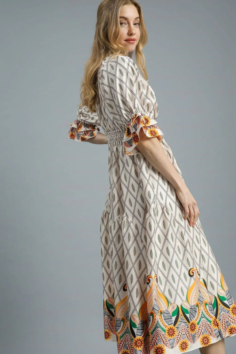 Geometric Diamond Print Boho Midi Dress with Flounce Sleeves