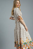 Geometric Diamond Print Boho Midi Dress with Flounce Sleeves
