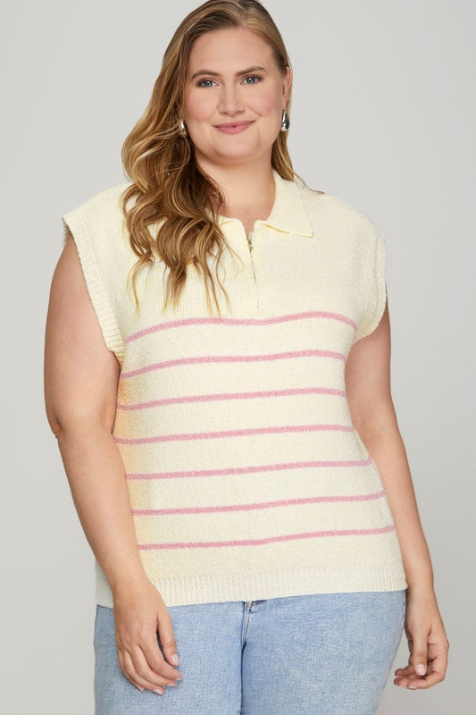 Full Size Ribbed Hem Striped Half Zip Sweater Vest Plus Size