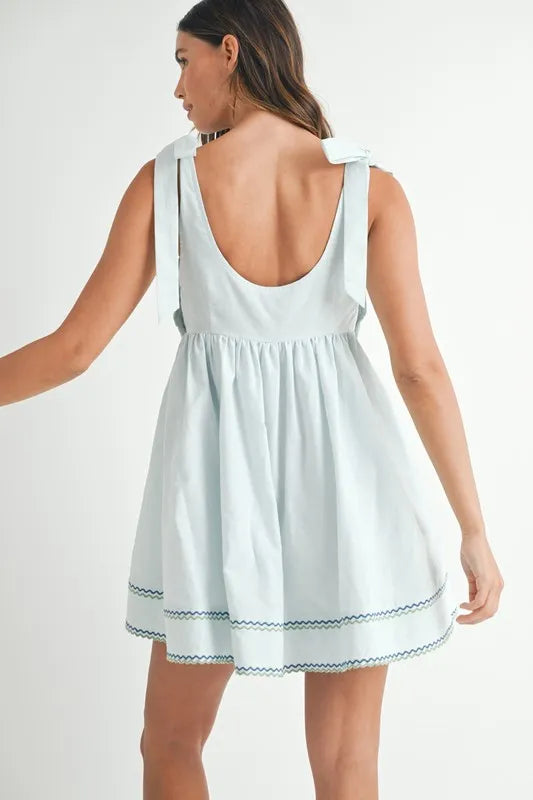 Zig Zag Embroidered Shoulder Tie Mini Dress