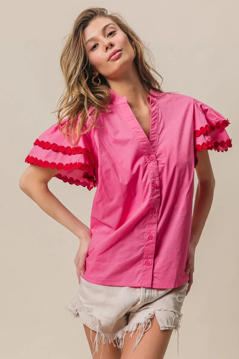 Ruffle Sleeve Button-Up Notched Blouse