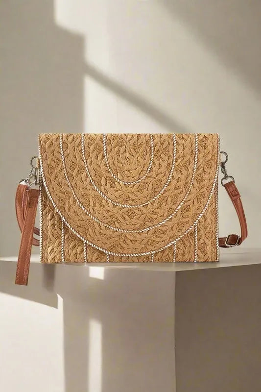 Stitch Detailed Straw Crossbody Bag