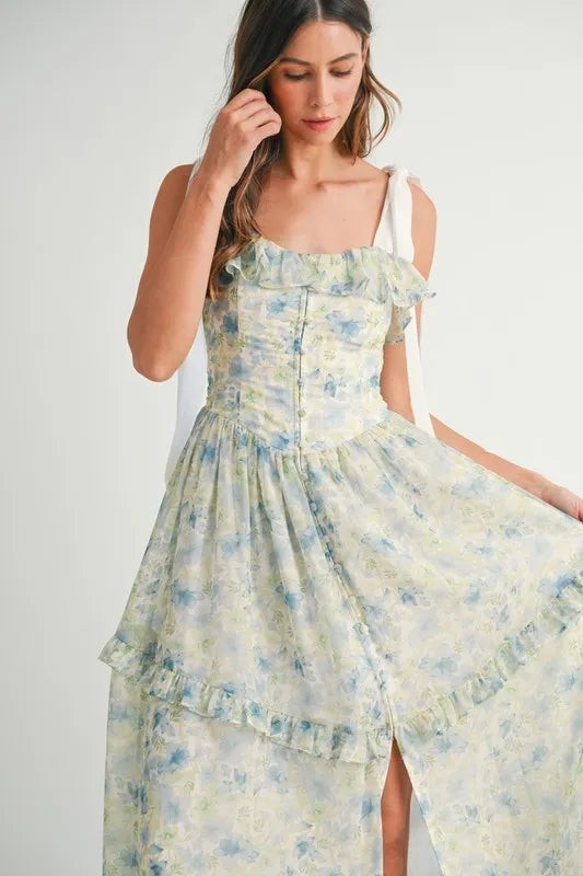 Floral Printed Shoulder Strap Midi Dress