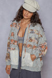 Floral Lace Patch Zip-Up Denim Jacket