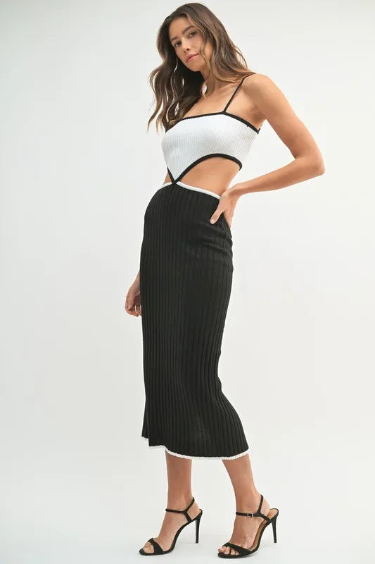 Ribbed Knit Color Block Cutout Midi Dress