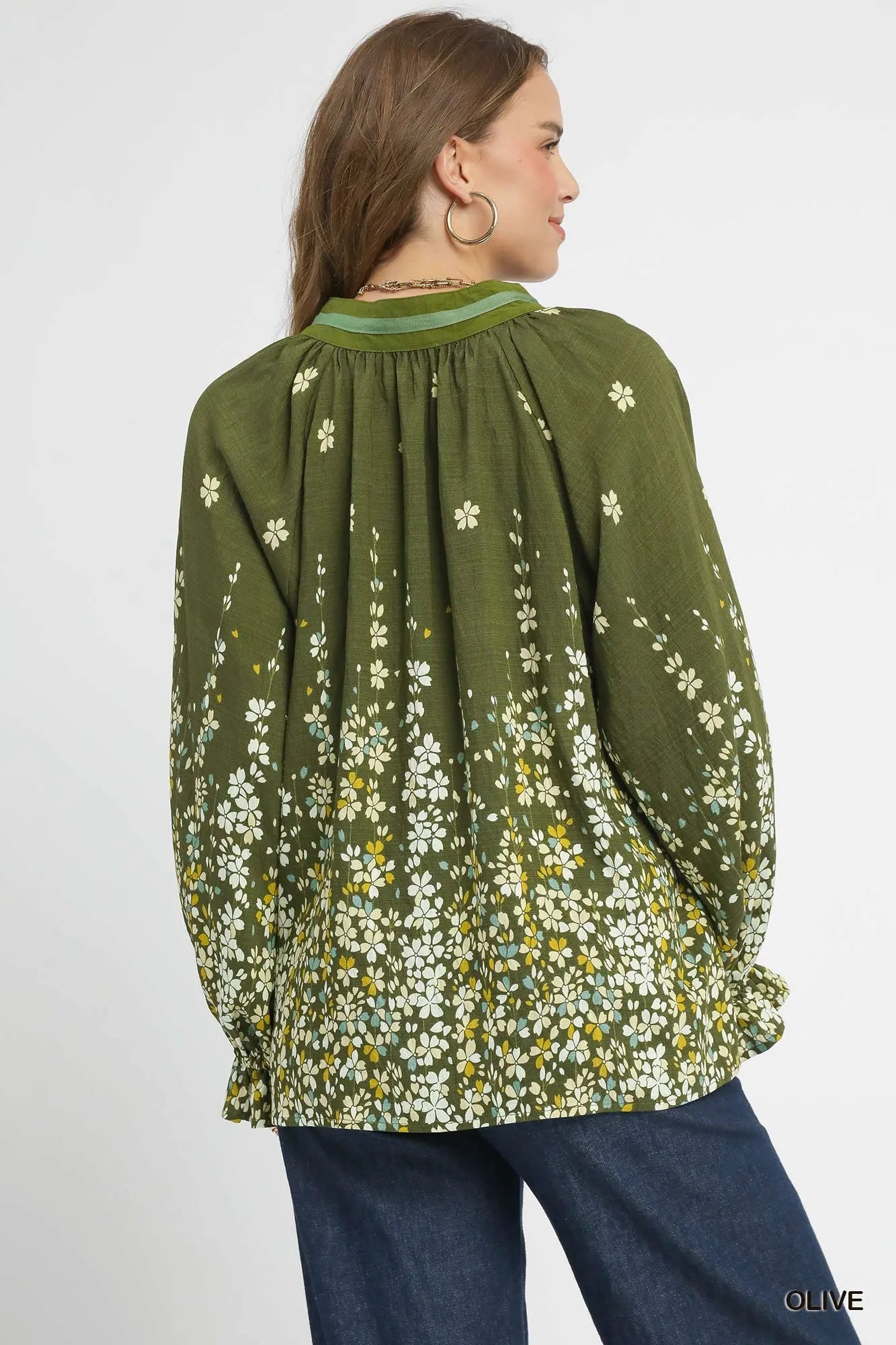 Vine Pattern Blouse with Accented Sleeves