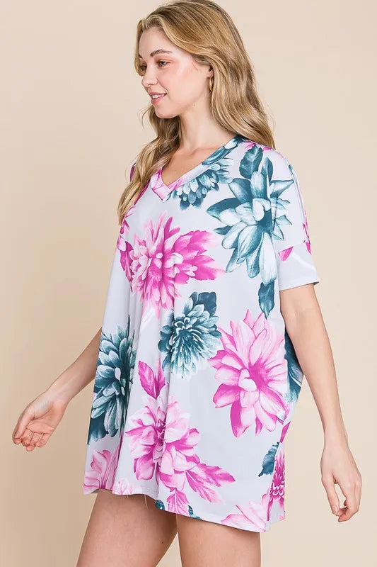 Floral V-Neck Short Sleeve T-Shirt