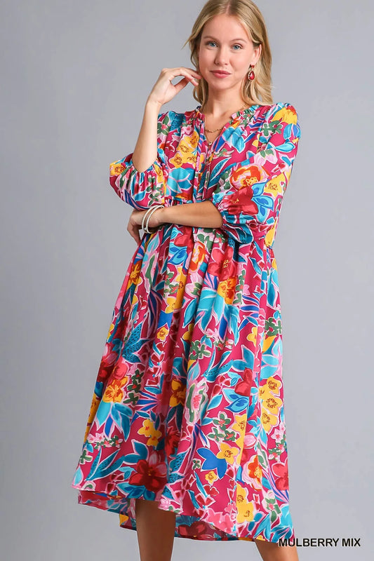 Full Size Floral Midi Dress with Tie Neck and Pockets