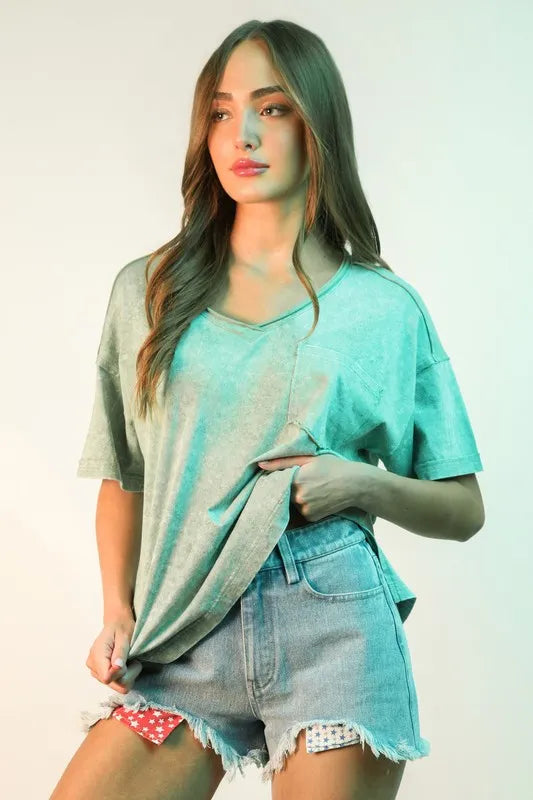 Raw Hem Pocketed Contrast Washed Denim Shorts