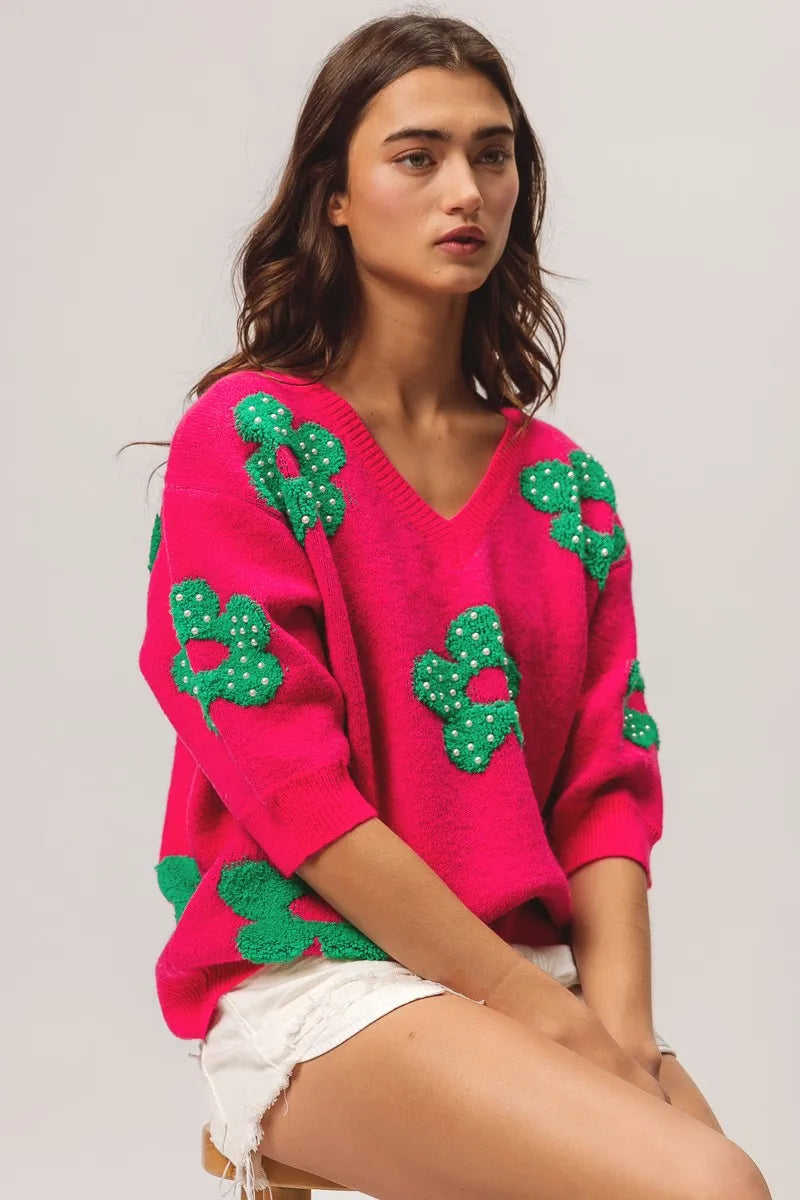 Cactus Knit V-Neck Pullover Sweater