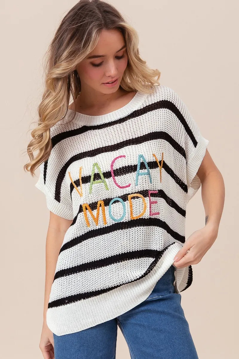 Vacay Mode Lettering Drop Shoulder Striped Sweater