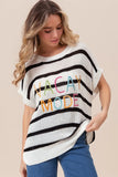 Vacay Mode Lettering Drop Shoulder Striped Sweater