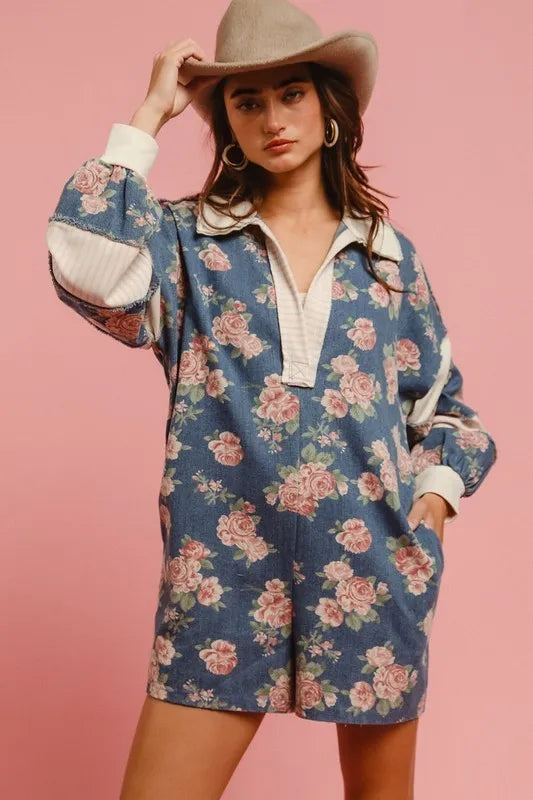 Washed Floral Denim Romper With Contrast Collar