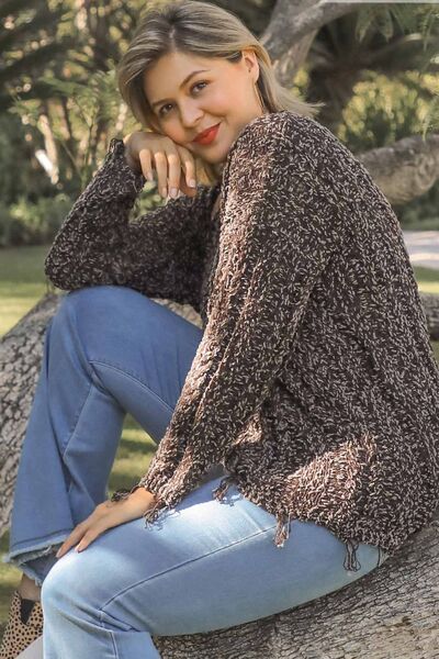 Full Size Frayed Hem Cable Knit Round Neck Sweater Plus Size