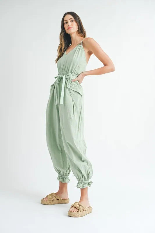 Washed Fabric Spaghetti Strap Waist Belted Jumpsuit