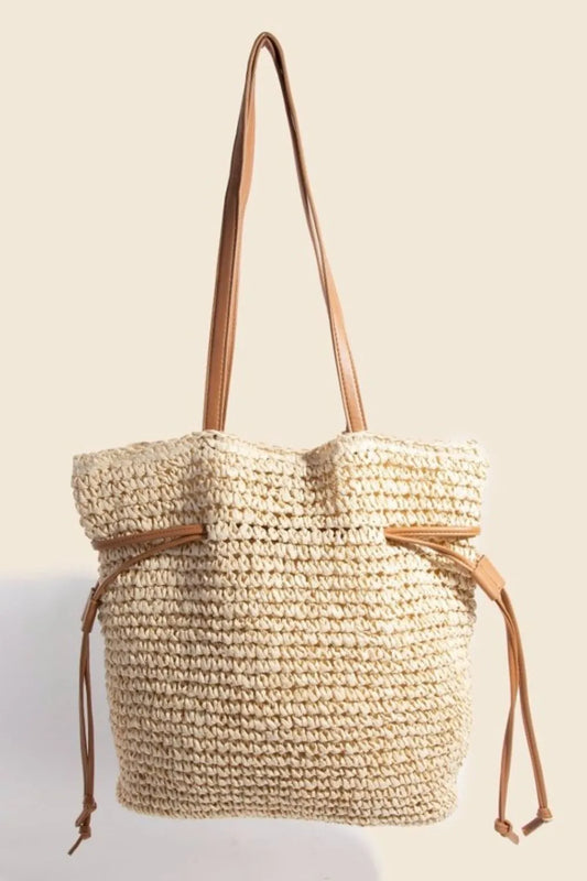 Faux Leather Straps Braided Tote Bag