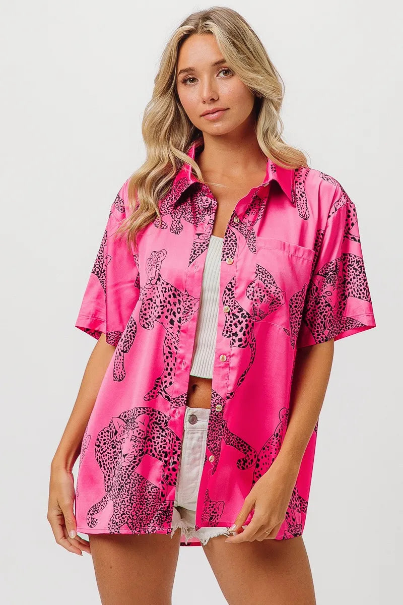 Leopard Print Short Sleeve Silky Satin Shirt Top