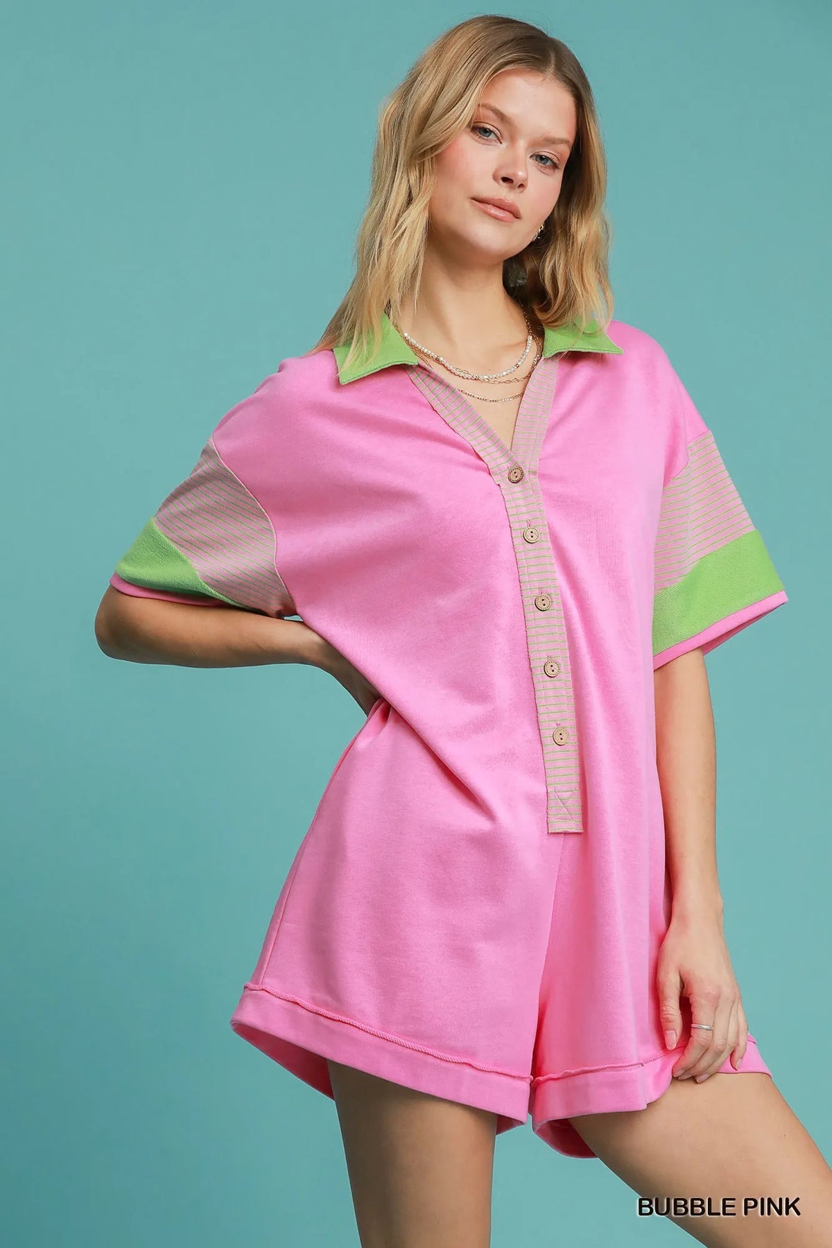 Button-Up Contrast Trim Romper
