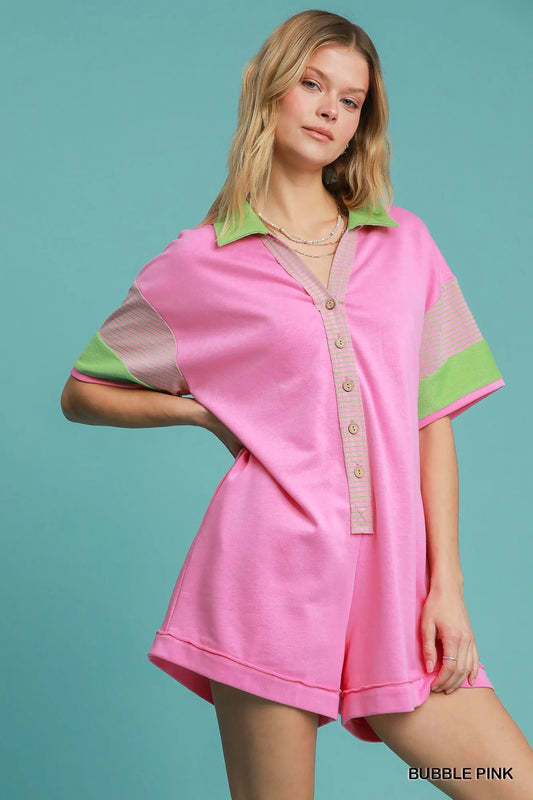 Button-Up Contrast Trim Romper