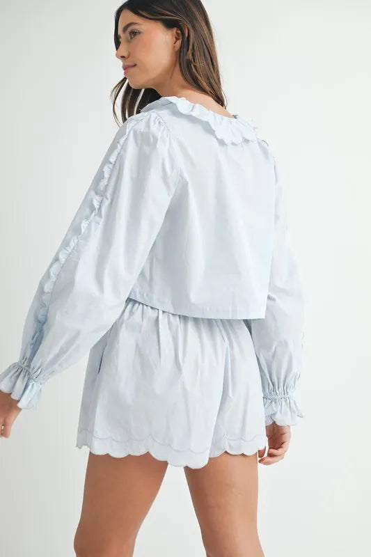 Long Sleeve Scallop Blouse and Shorts Set