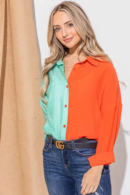 Color Block Button-Down Casual Shirts