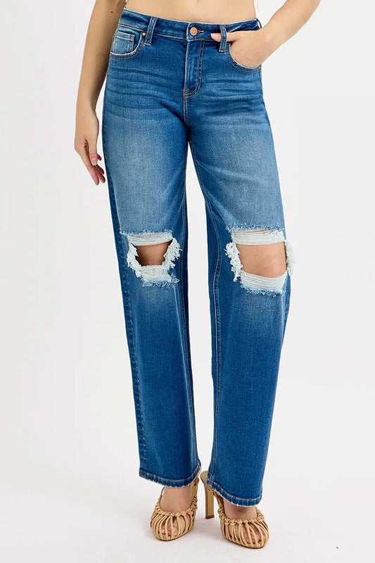 Full Size Distressed High-Rise Boyfriend Denim Pants
