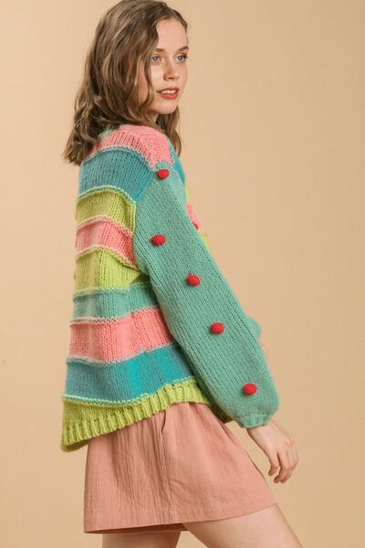 Full Size Color Block Cable Knit Sweater with Pom Pom Plus Size