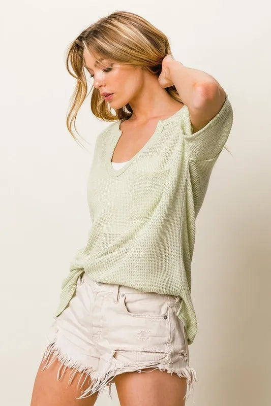 Boucle Sweater Knit Short Sleeve Henley Top