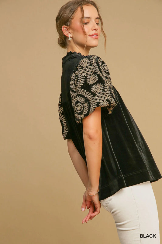 Velvet Blouse with Elegant Embroidered Sleeves