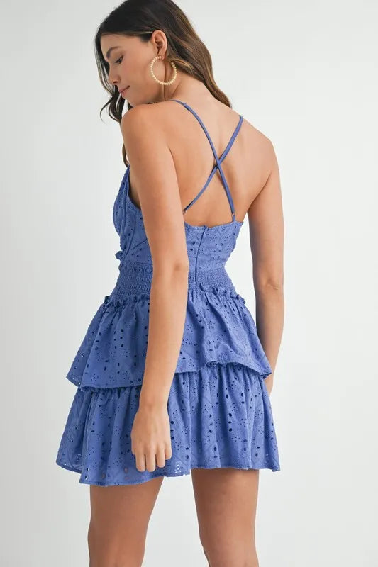 Lace Eyelet Ruffle Mini Dress With Front Cutout