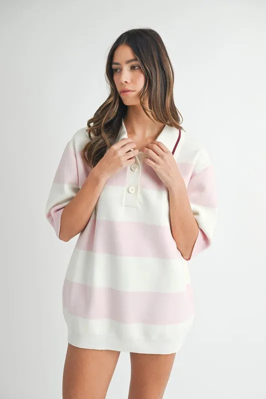 Oversized Stripe Polo Collar Sweater