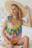 Circular Tie Dye Knit V Neck Top With Ruffle