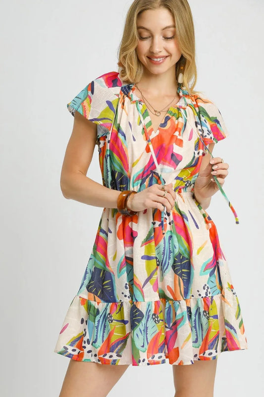 Vibrant Tie Neck Tropical Mini Dress