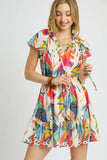 Vibrant Tie Neck Tropical Mini Dress