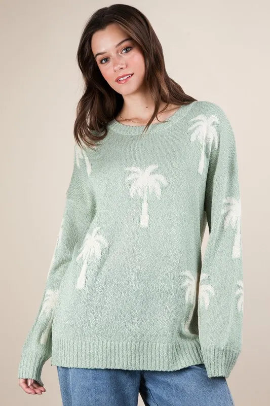 Palm Tree Graphic Oversized Knit Sweater