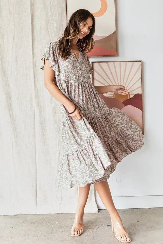 Abstract Print Ruffle Tier Midi Dress