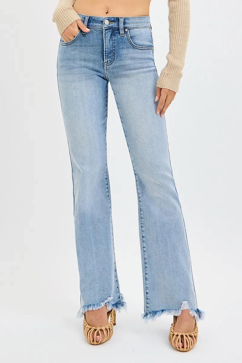 Full Size Mid Rise Tummy Shaping Fray Hem Flare Jeans