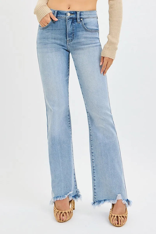 Full Size Mid Rise Tummy Shaping Fray Hem Flare Jeans