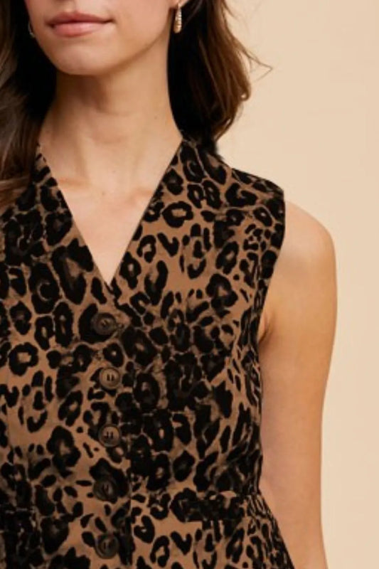 Stretch Leopard Denim Button Down Vest
