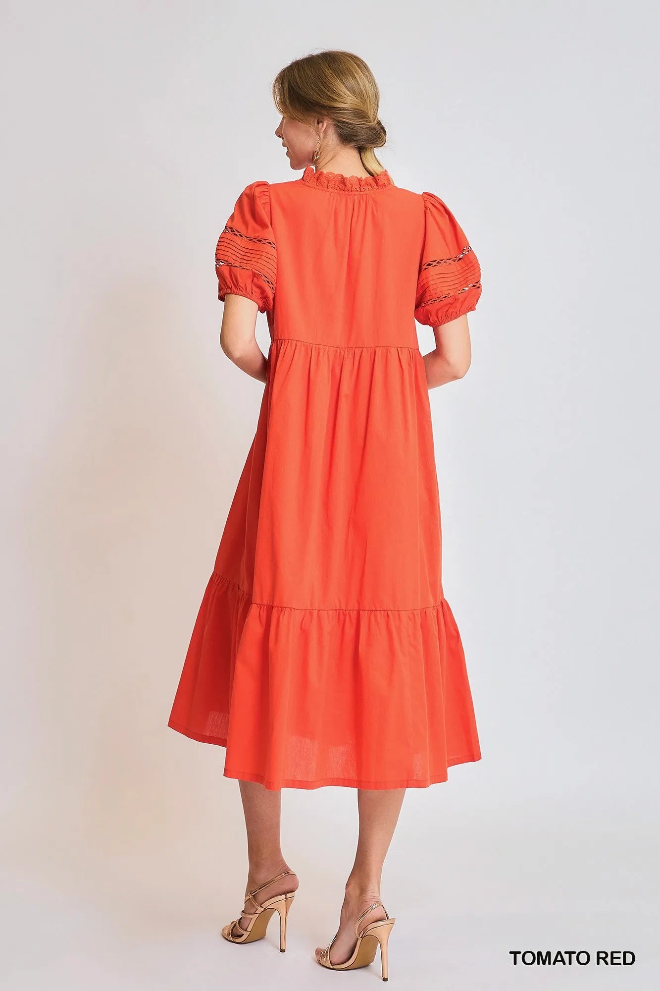 Puff Sleeve Lace-Trim Tiered Midi Dress