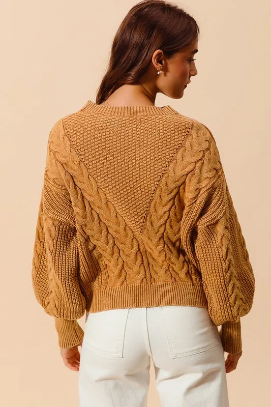 Mineral Washed Loose Fit Textured Cable Sweater