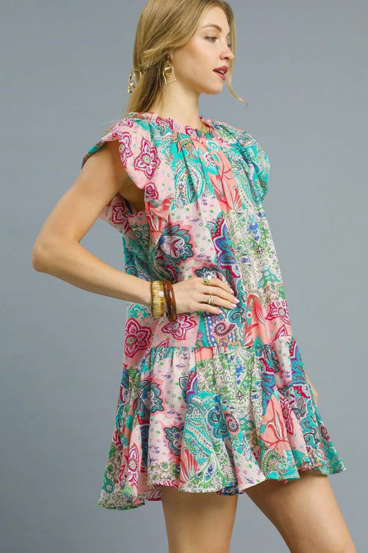Boho Paisley Ruffle Sleeve Mini Dress
